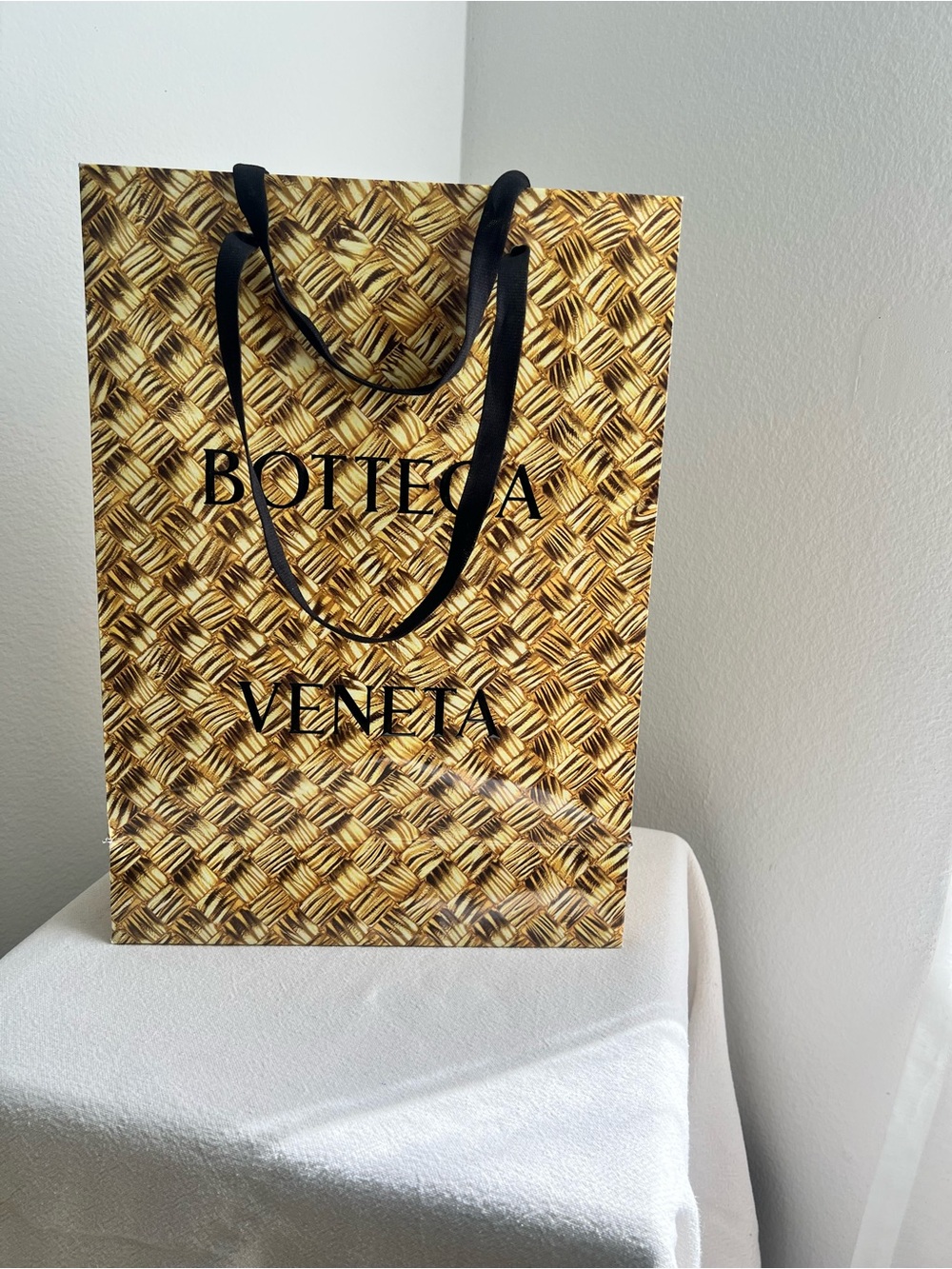 Bottega Veneta Gold Woven-Pattern Gift Bag with Black Ribbon 16.5x12x5